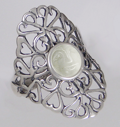 Sterling Silver Filigree Ring With Carved Moonface in White Moonstone Size 7
